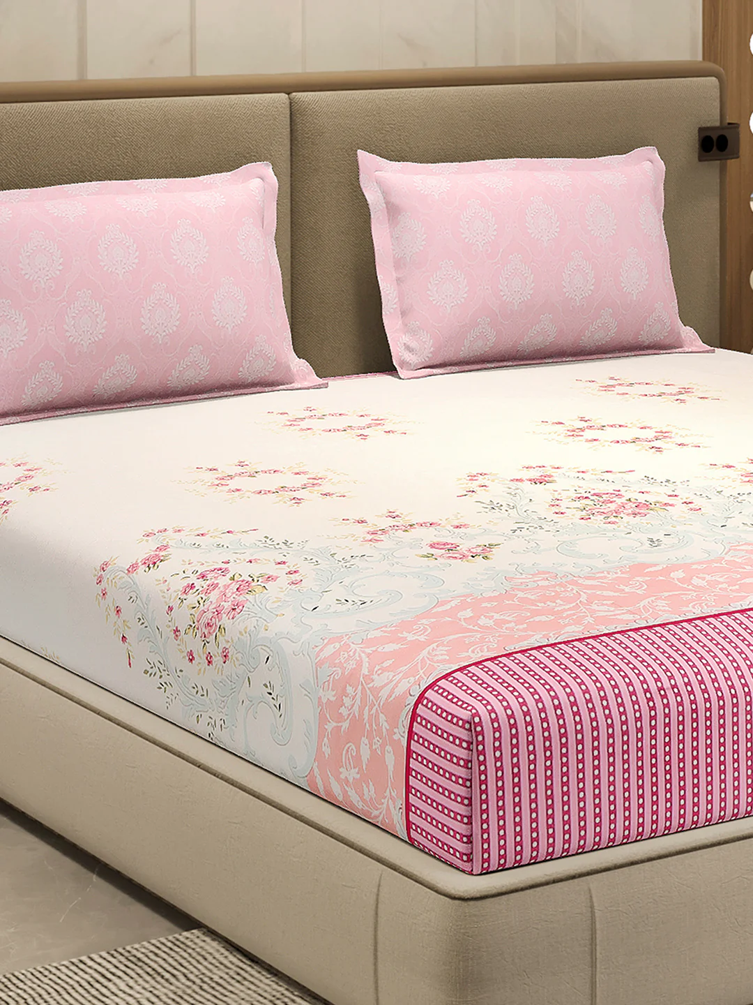 110 GSM Polyester Double Bed 1 Bedsheet with 2 Pillow Cover (Aromatica)