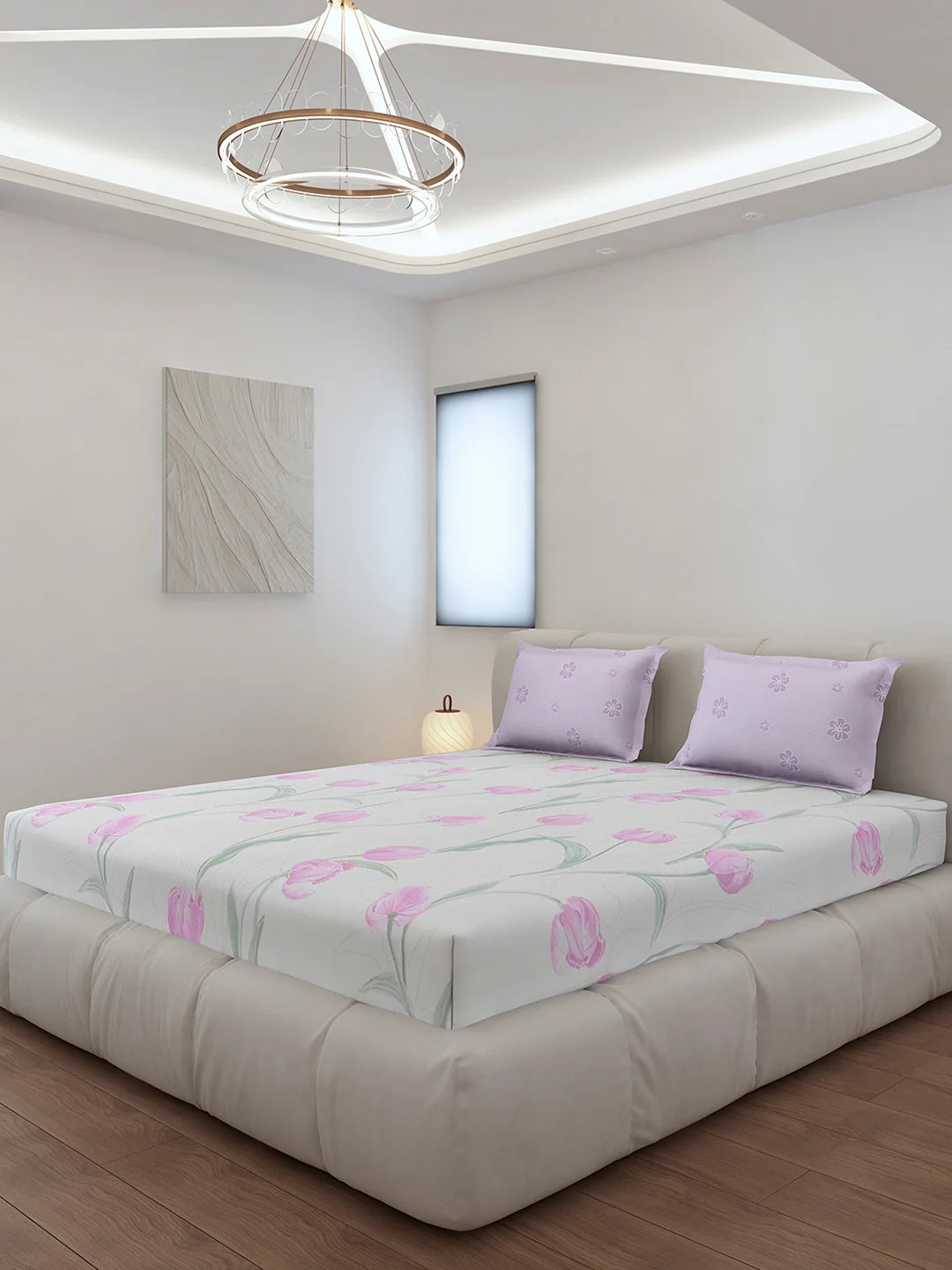 130 GSM Polyester King Size 1 Bedsheet with 2 Pillow Covers (Stanley)