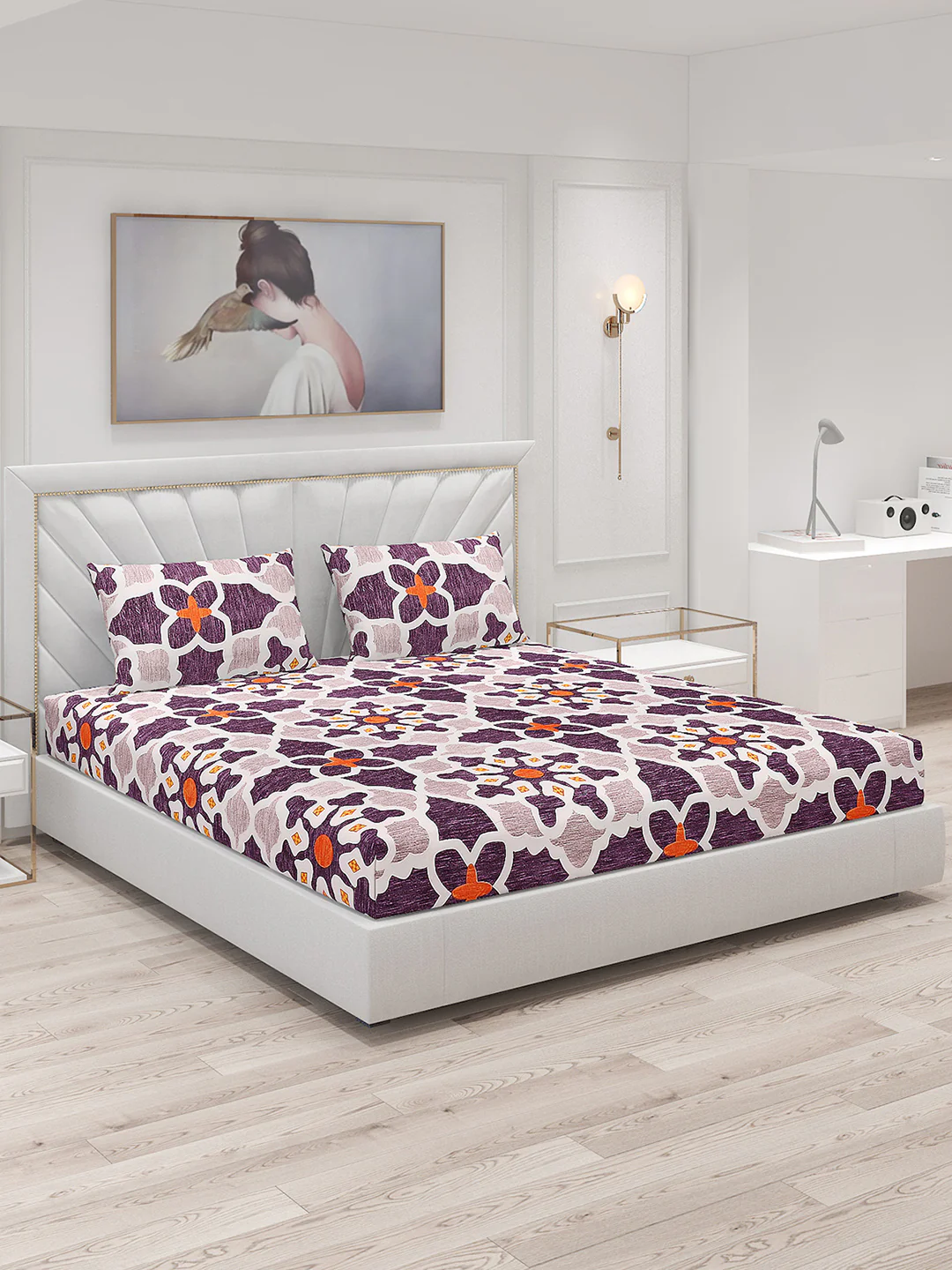 145 GSM Polyester Double Bed Bedsheet with 2 Pillow Covers