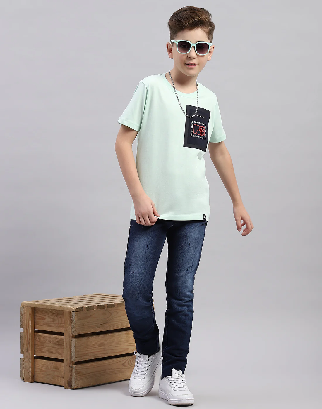 Boys Aqua Blue Printed Round Neck Half Sleeve T-Shirt