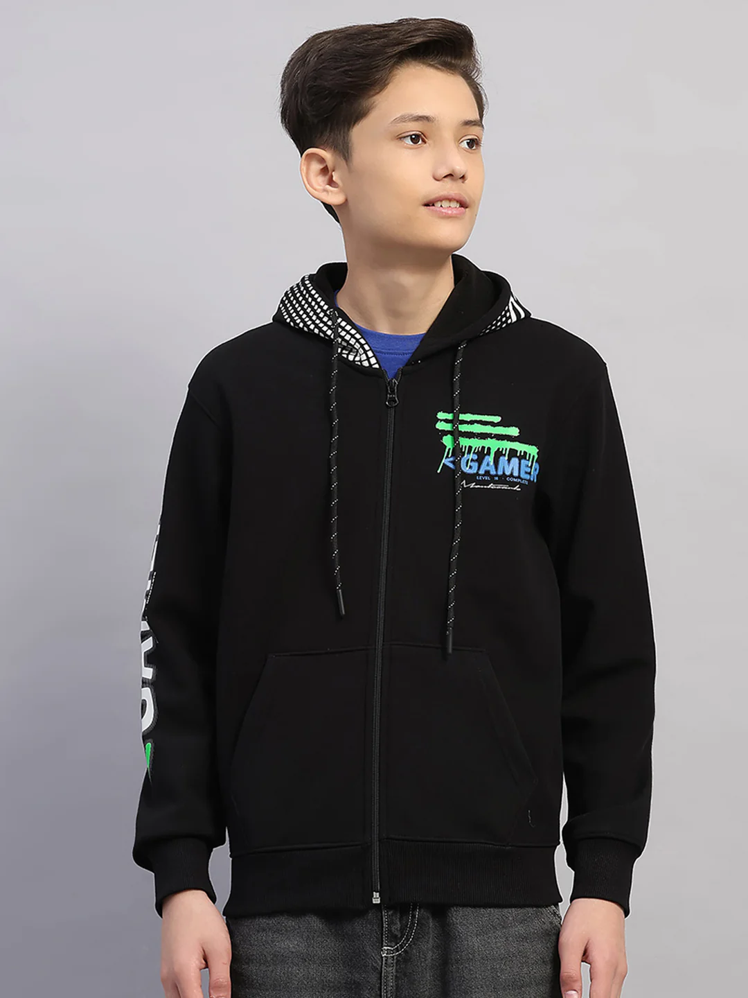 Boys Black Printed Hooded Full Sleeve Sweatshirt
