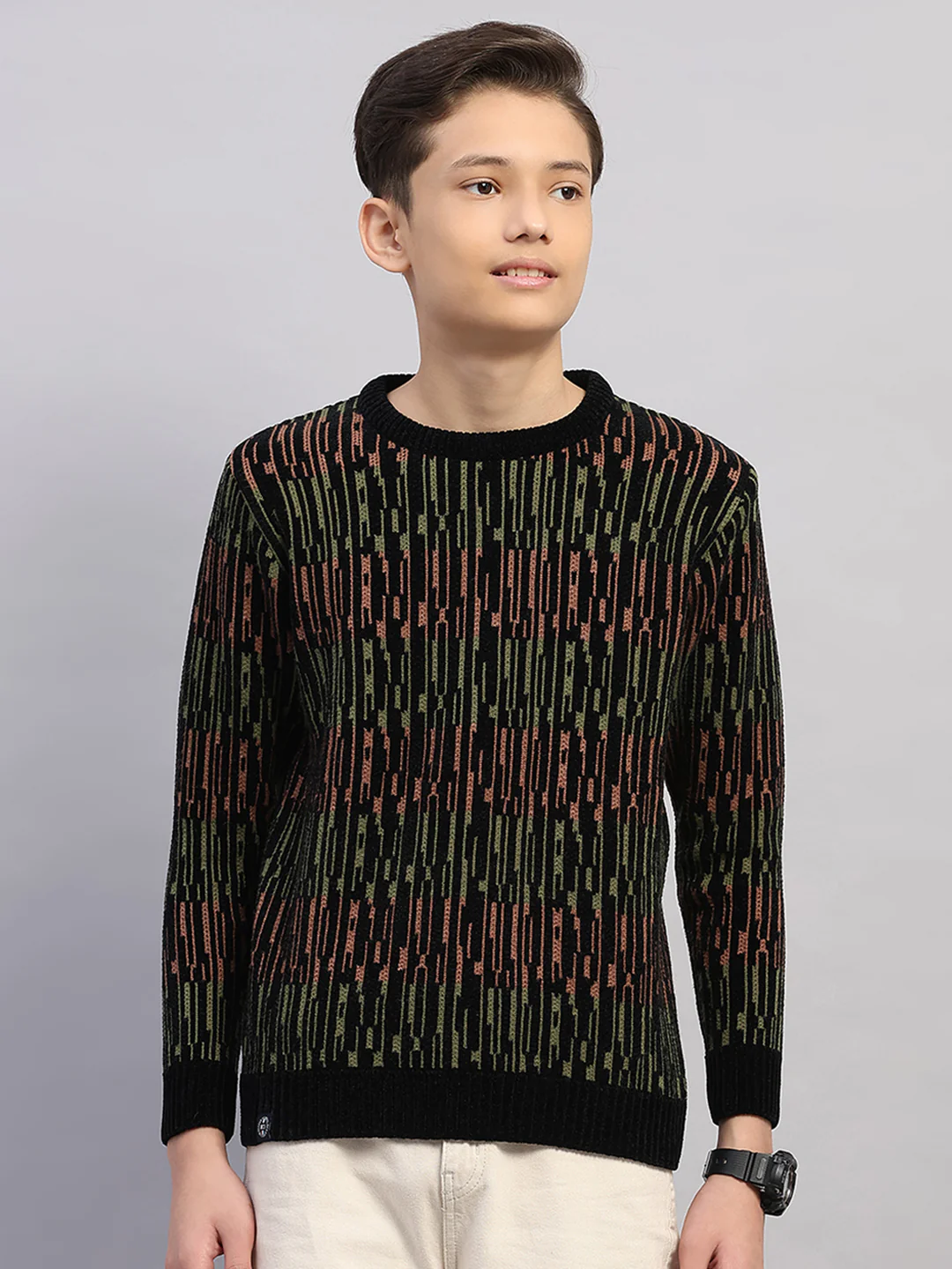 Boys Black Stripe Round Neck Full Sleeve Pullover