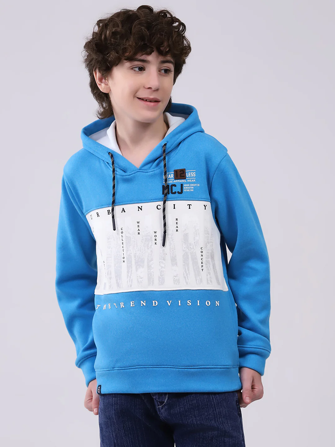 Boys Blue Printed Hooded Full Sleeve Sweatshirt