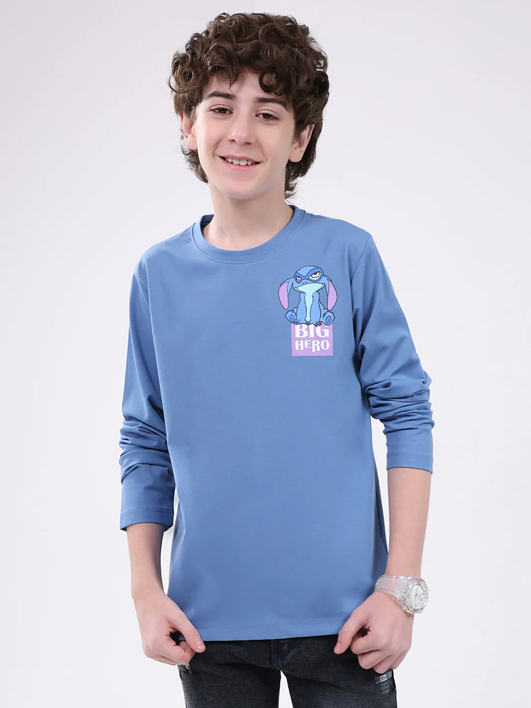 Boys Blue Printed Round Neck Full Sleeve Winter T-Shirt