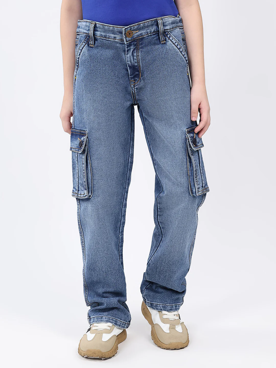Boys Blue Solid Straight Fit Cargo
