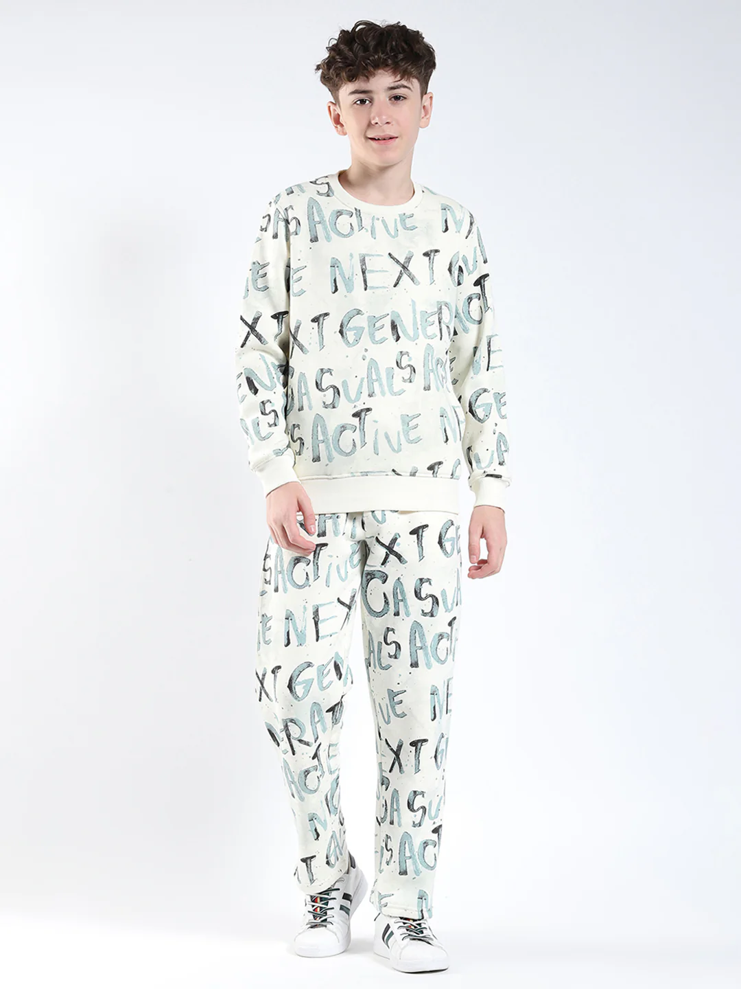 Boys Cream Printed Round Neck Full Sleeve Winter Tracksuit