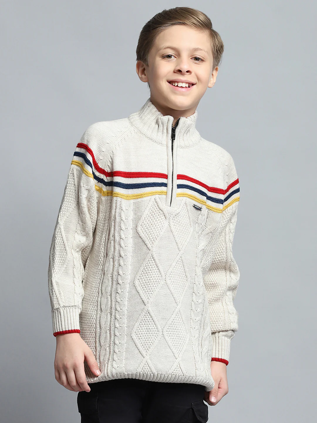 Boys Cream Self Design Mock Neck Full Sleeve Pullover