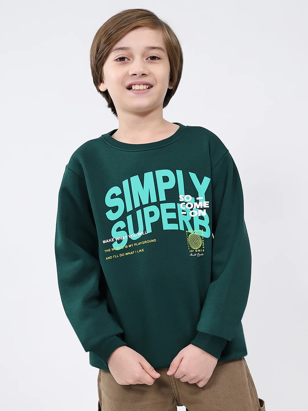 Boys Dark Green Printed Round Neck Full Sleeve Sweatshirt