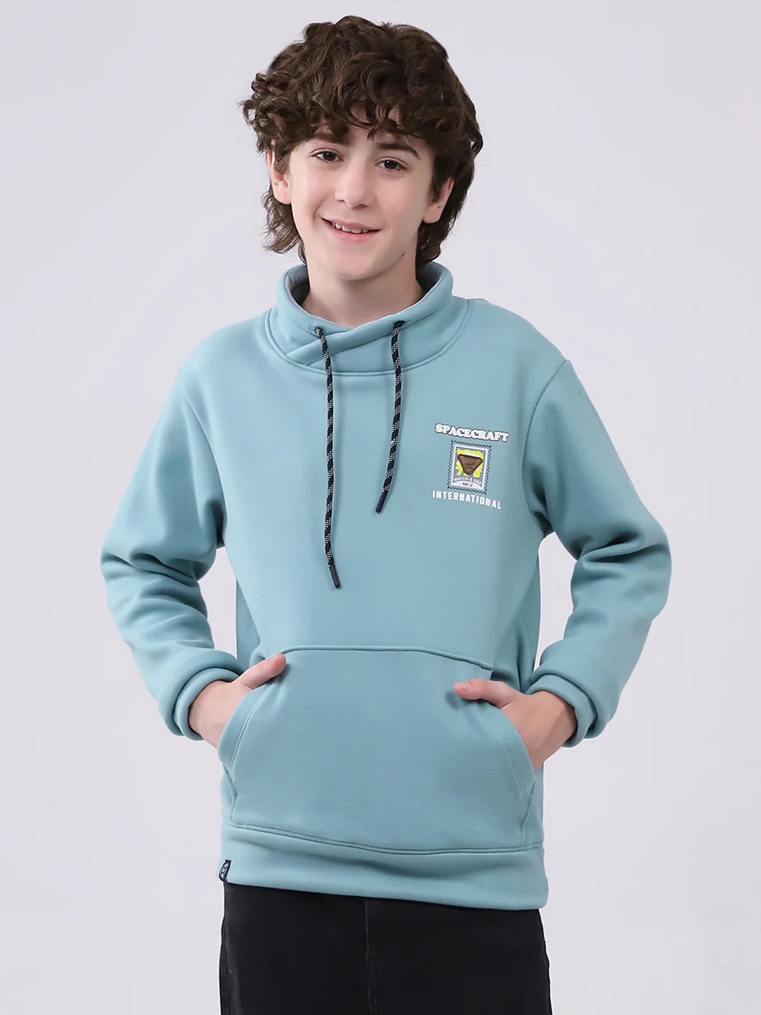 Boys Green Printed Mock Neck Full Sleeve Sweatshirt