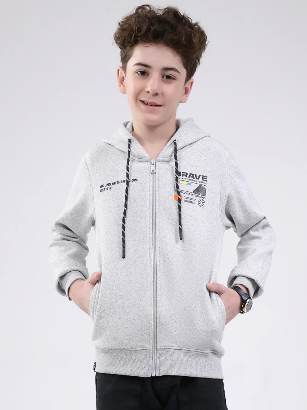 Boys Grey Printed Hooded Full Sleeve Sweatshirt