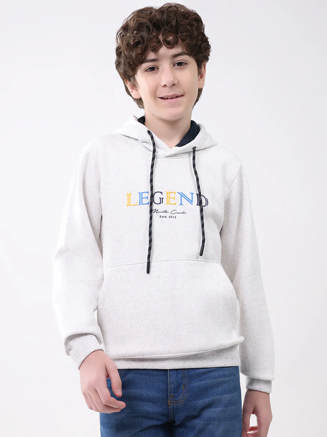 Boys Light Grey Printed Hooded Full Sleeve Sweatshirt