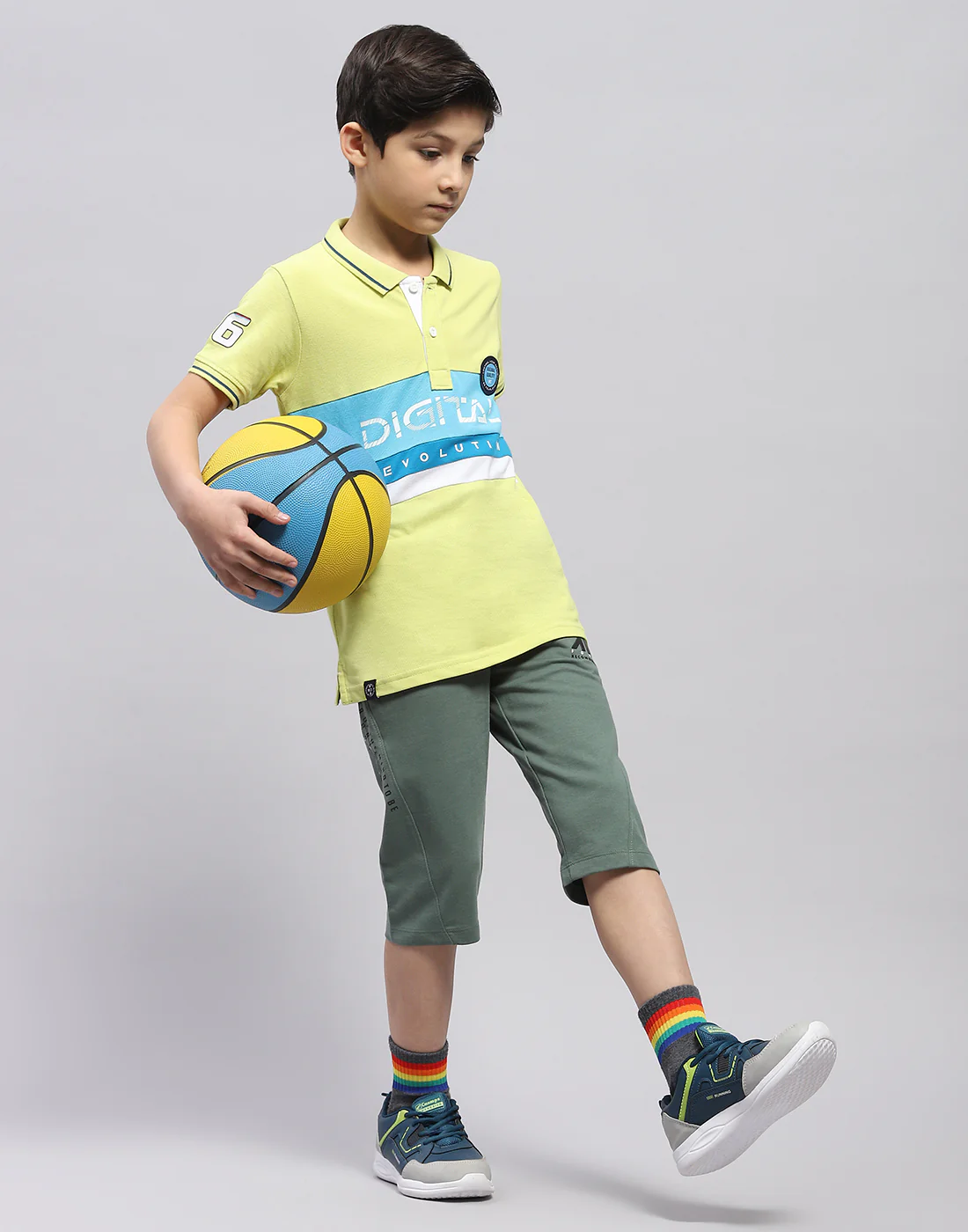 Boys Lime Green Printed Polo Collar Half Sleeve T-Shirt