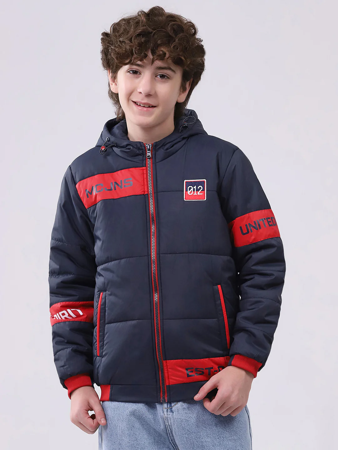 Boys Navy Blue Printed Hooded Full Sleeve Boys Jacket