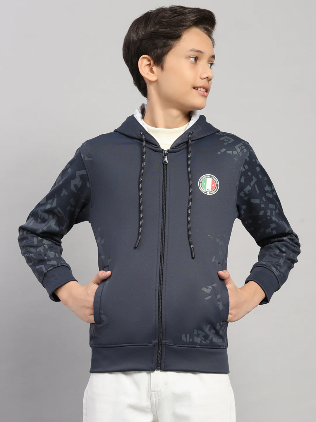 Boys Navy Blue Printed Hooded Full Sleeve Sweatshirt
