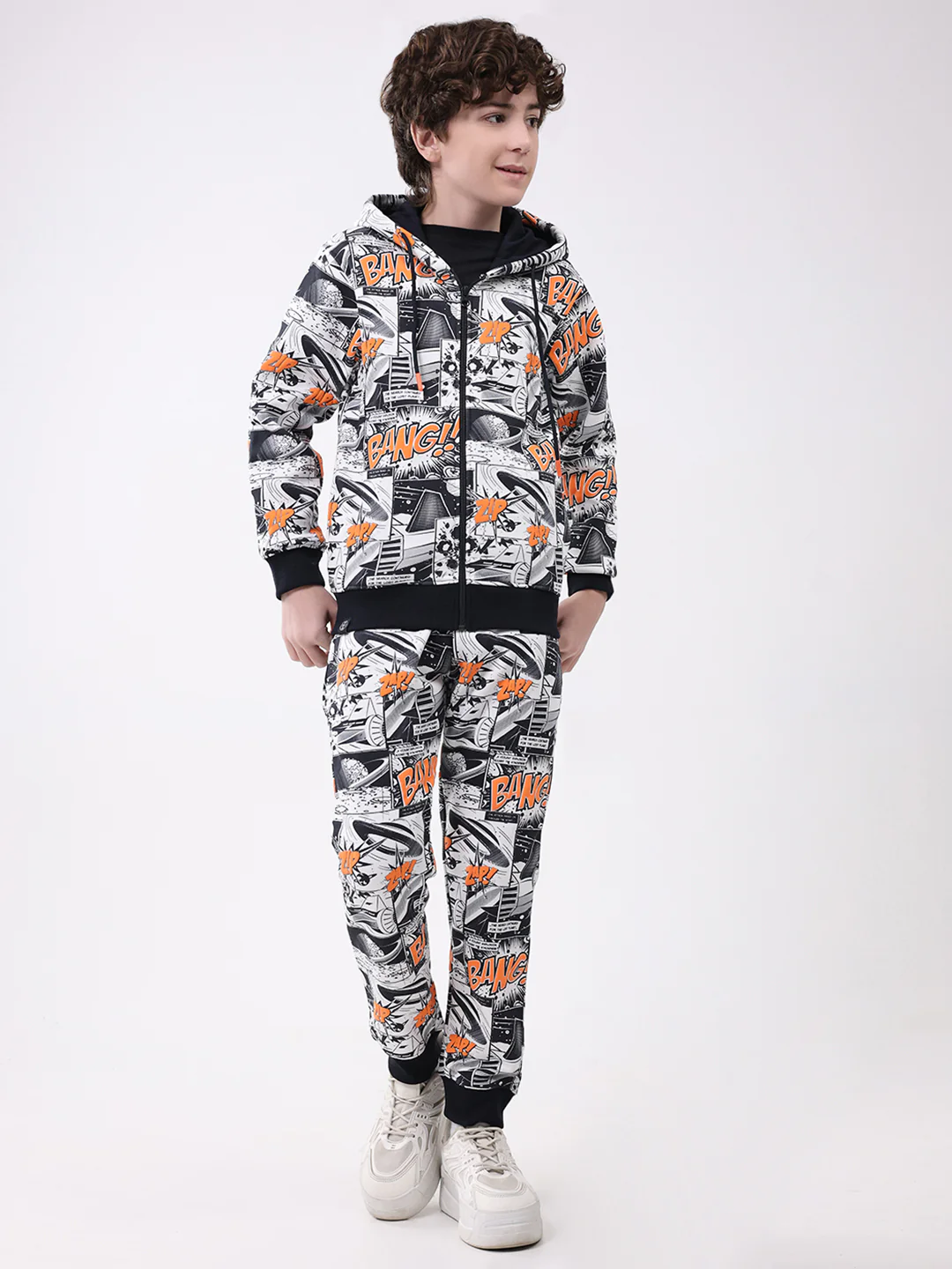 Boys Navy Blue Printed Hooded Full Sleeve Winter Tracksuit