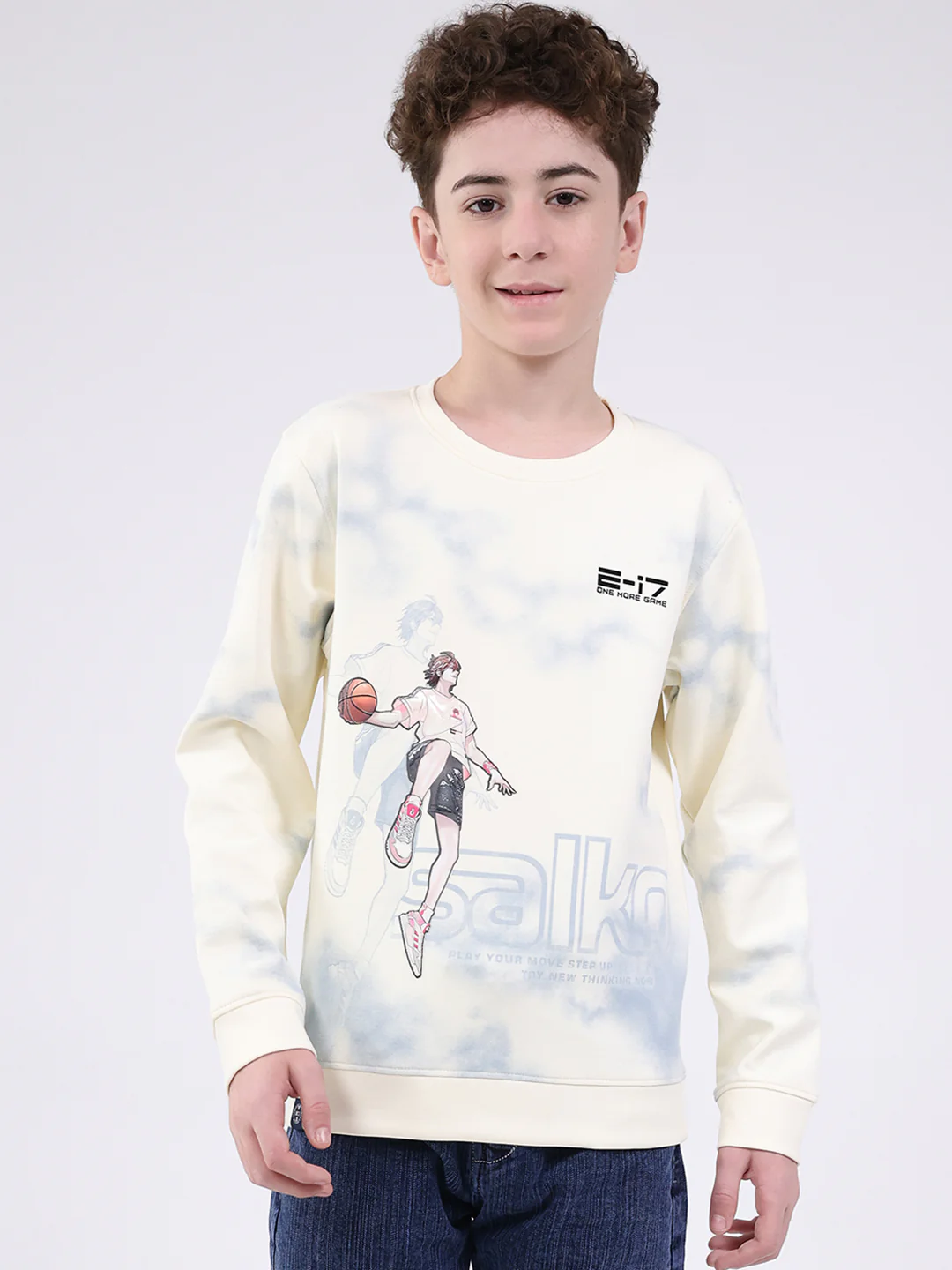 Boys Off White Printed Round Neck Full Sleeve Sweatshirt