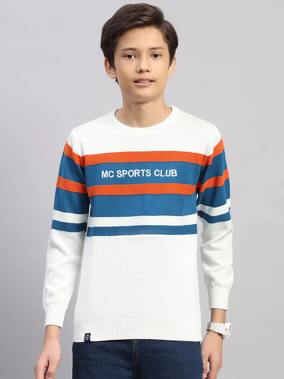 Boys Off White Stripe Round Neck Full Sleeve Pullover