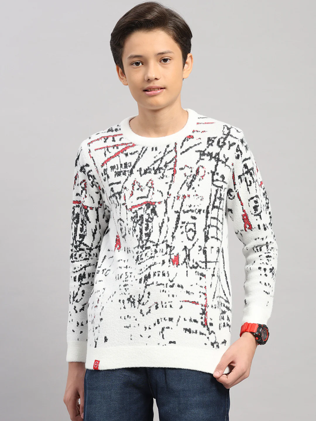 Boys Off White Stripe Round Neck Full Sleeve Pullover