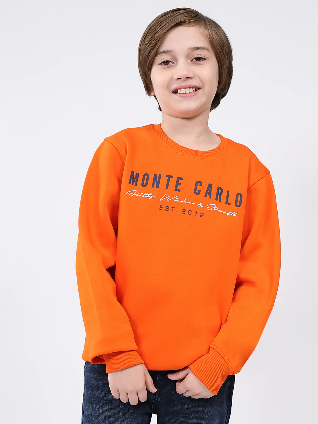 Boys Orange Printed Round Neck Full Sleeve Sweatshirt