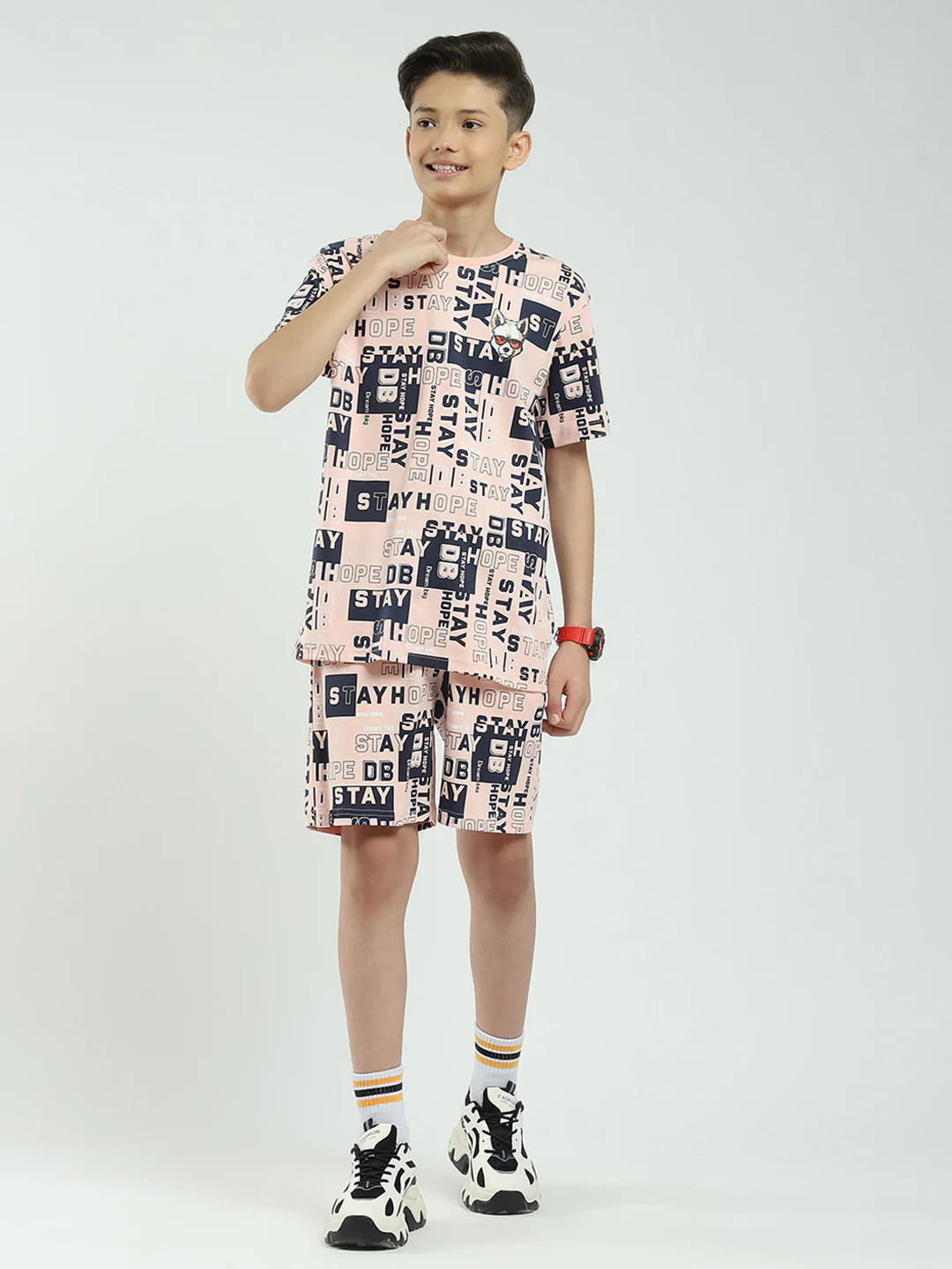 Boys Peach Printed Round Neck Half Sleeve Bermuda Set