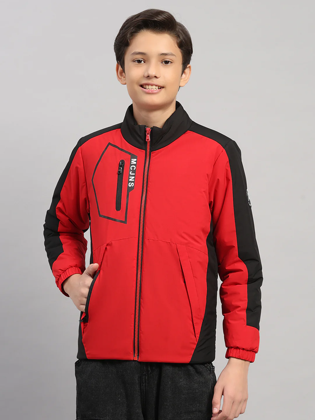 Boys Red Printed Collar Full Sleeve Jacket