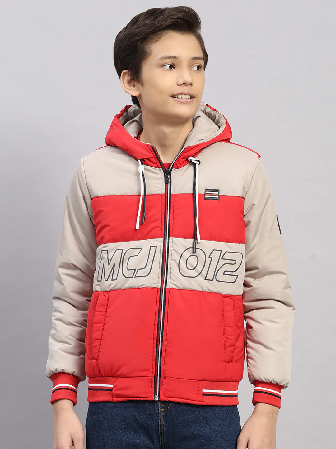 Boys Red Printed Hooded Full Sleeve Jacket
