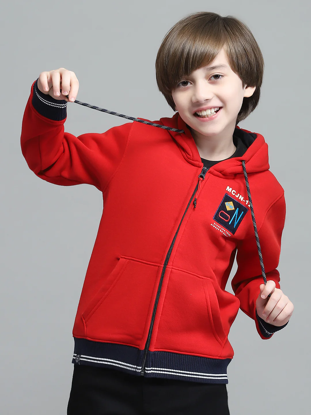 Boys Red Printed Hooded Full Sleeve Sweatshirt