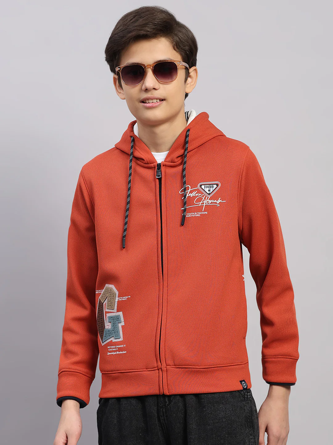 Boys Rust Printed Hooded Full Sleeve Sweatshirt