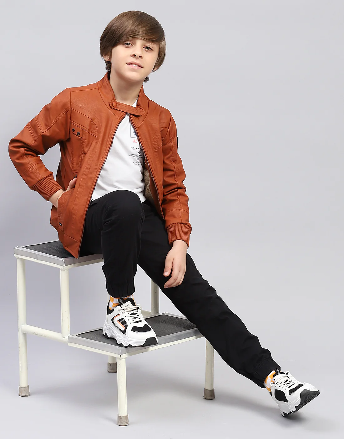 Boys Rust Self Design Stand Collar Full Sleeve Jacket