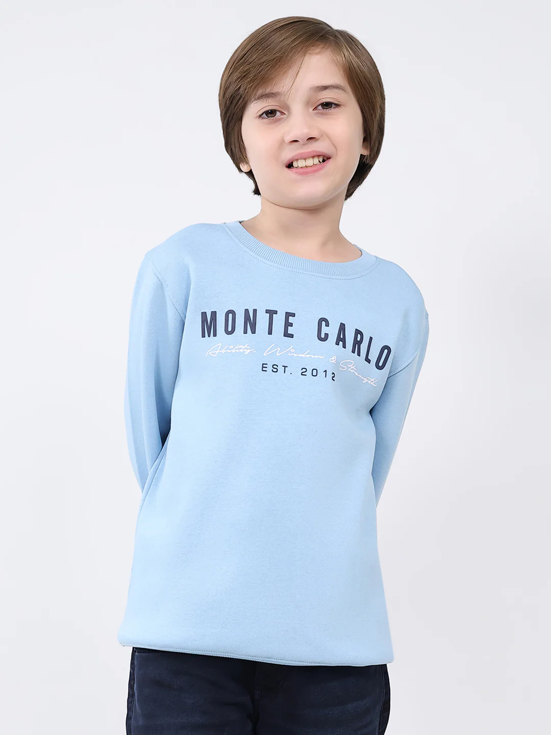 Boys Sky Blue Printed Round Neck Full Sleeve Sweatshirt