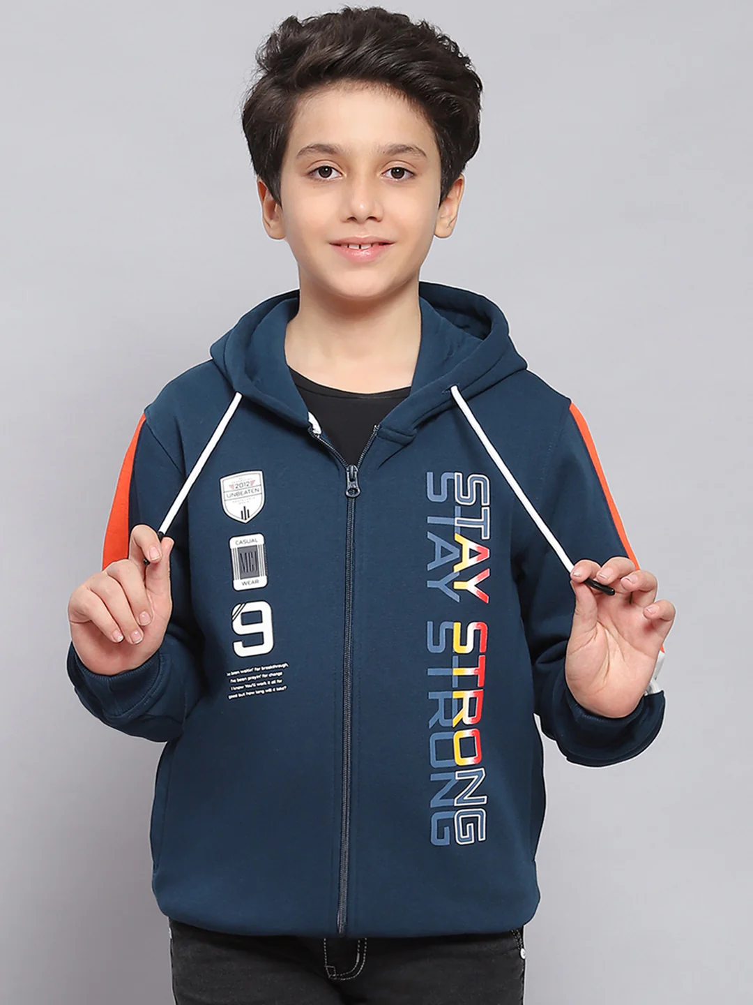 Boys Teal Blue Printed Hooded Full Sleeve Sweatshirt