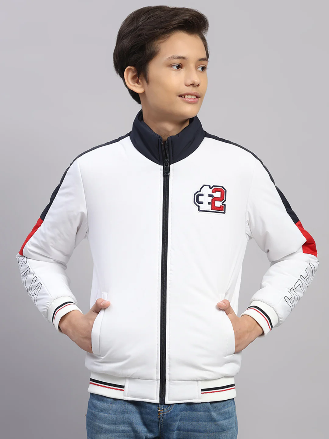 Boys White Embroidered Collar Full Sleeve Jacket
