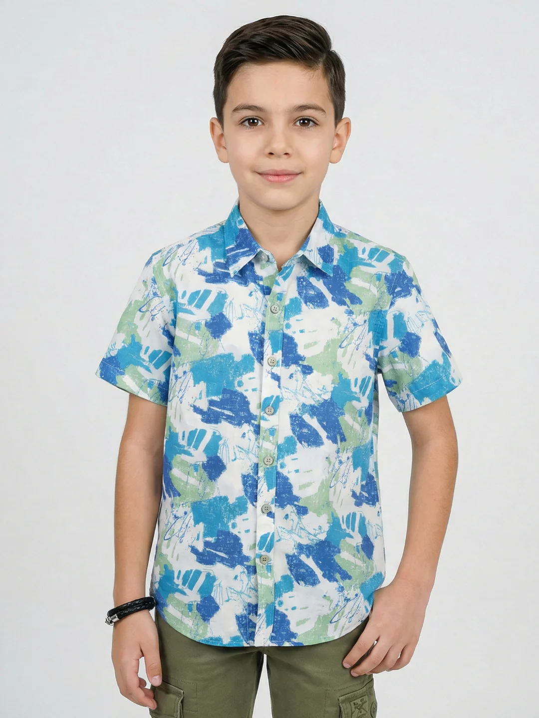 Boys White Printed Collar Half Sleeve Shirt