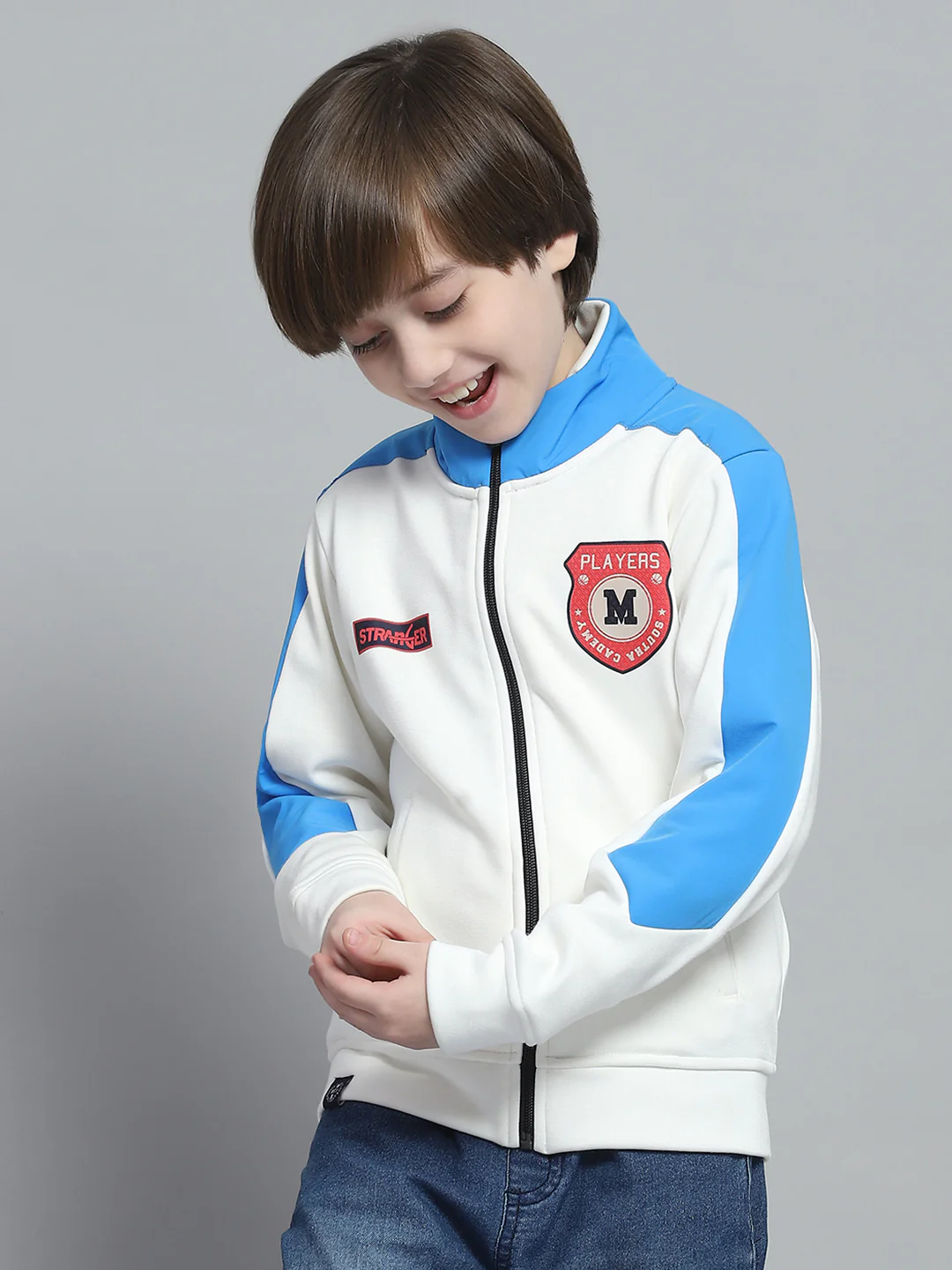 Boys White Printed Mock Neck Full Sleeve Sweatshirt