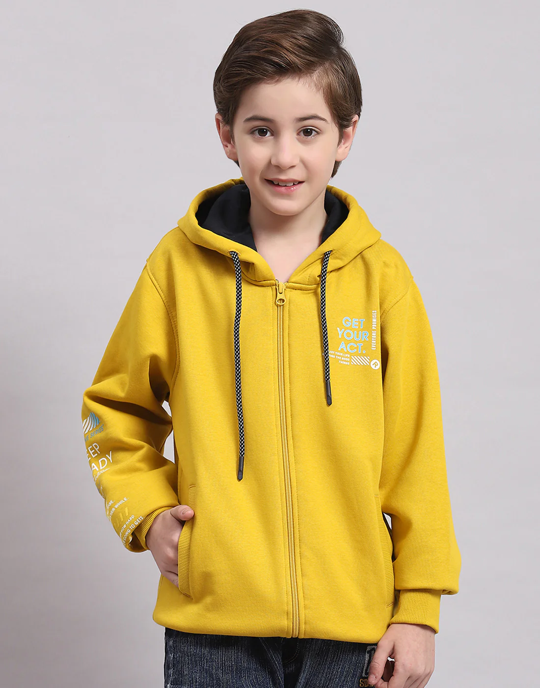 Boys Yellow Printed Hooded Full Sleeve Sweatshirt