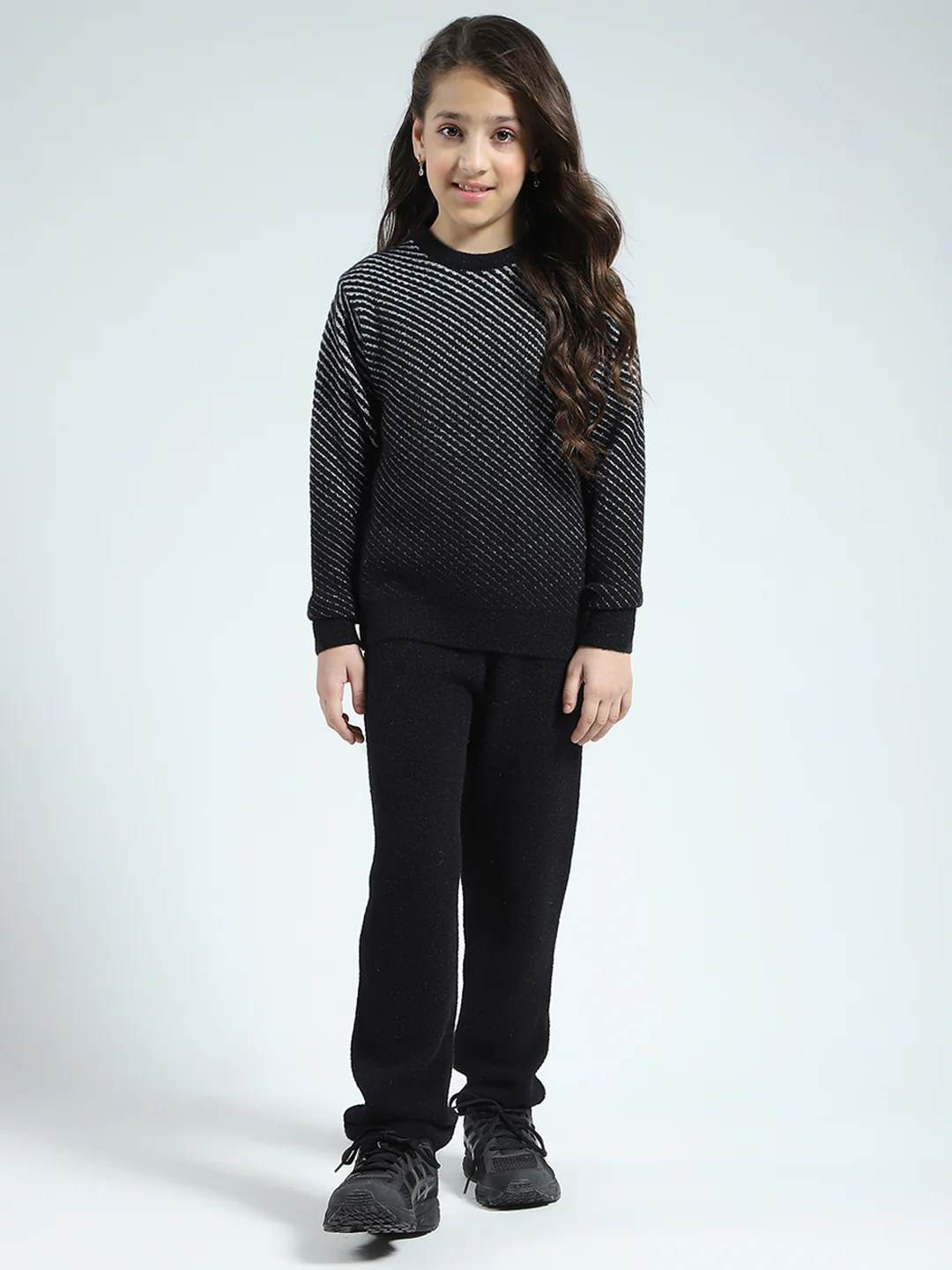 Girls Black Self Design Round Neck Full Sleeve Cords Set