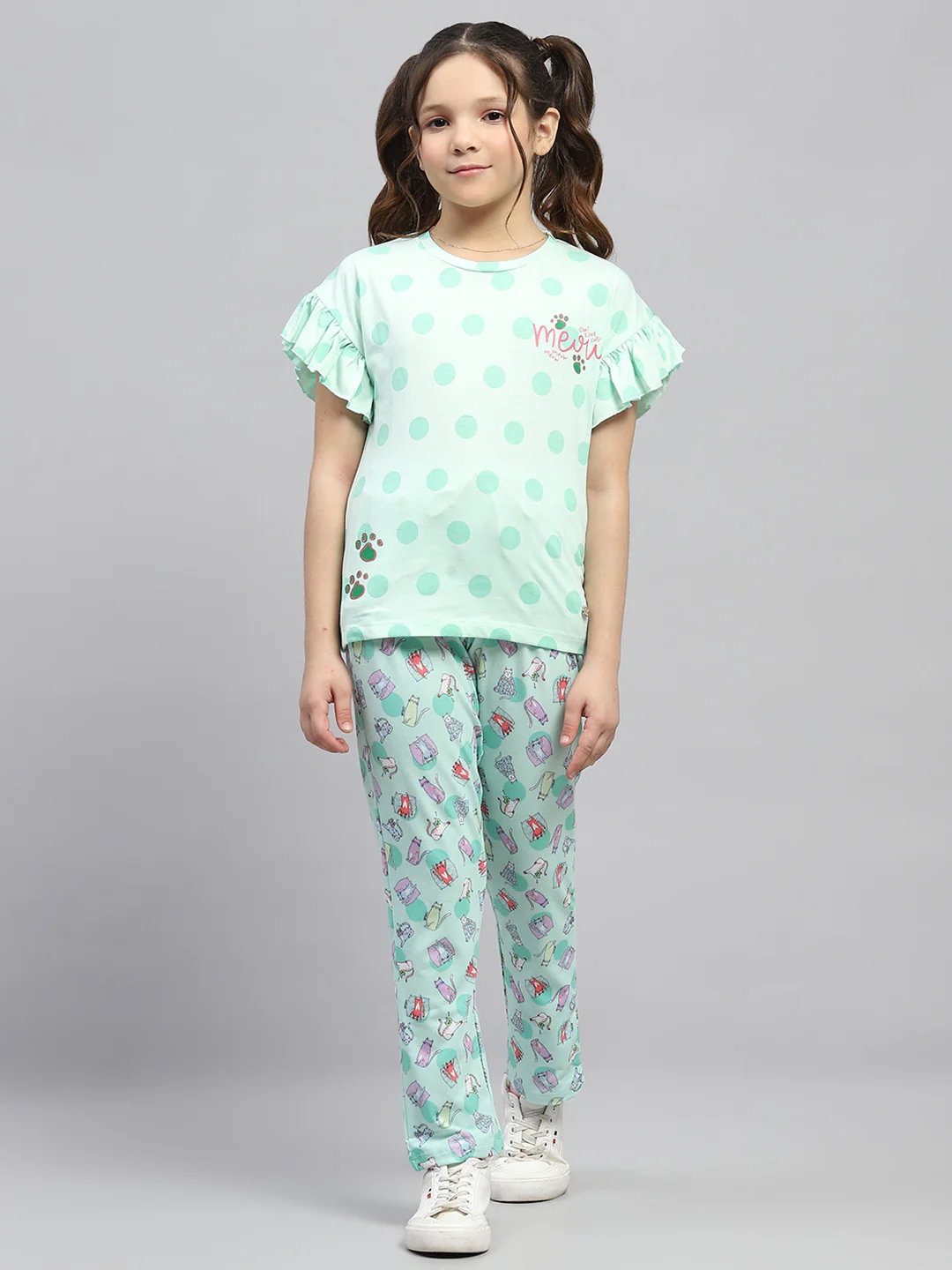 Girls Green Printed Regular Fit Lower Set