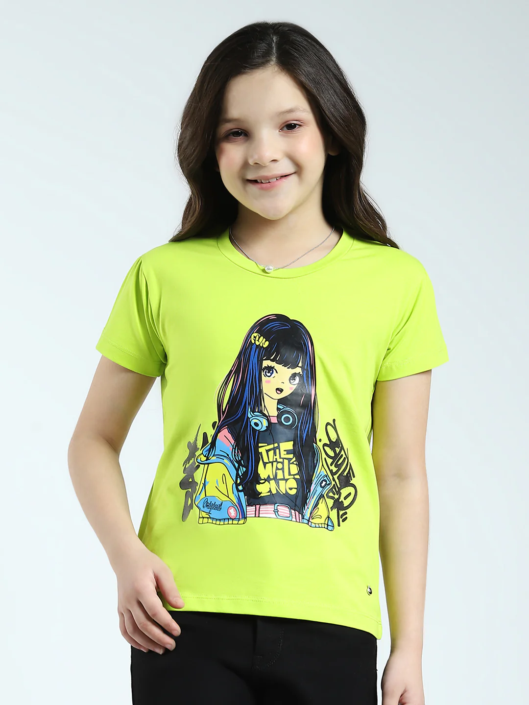Girls Green Printed Round Neck Half Sleeve Top
