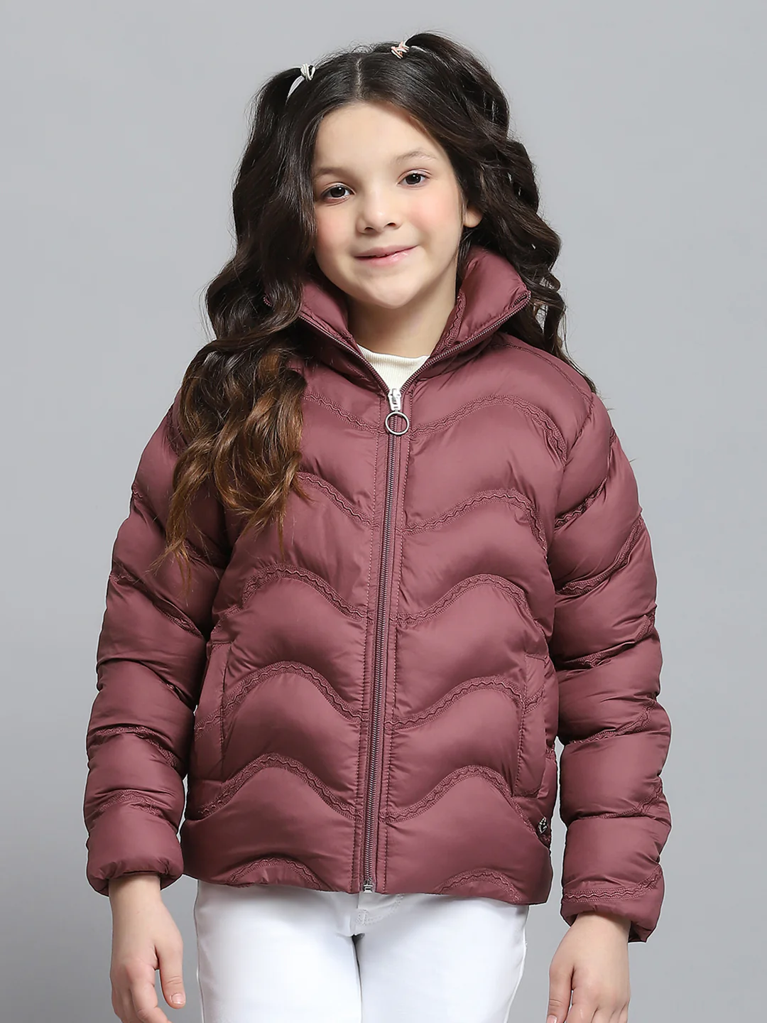 Girls Maroon Self Design Collar Full Sleeve Jacket