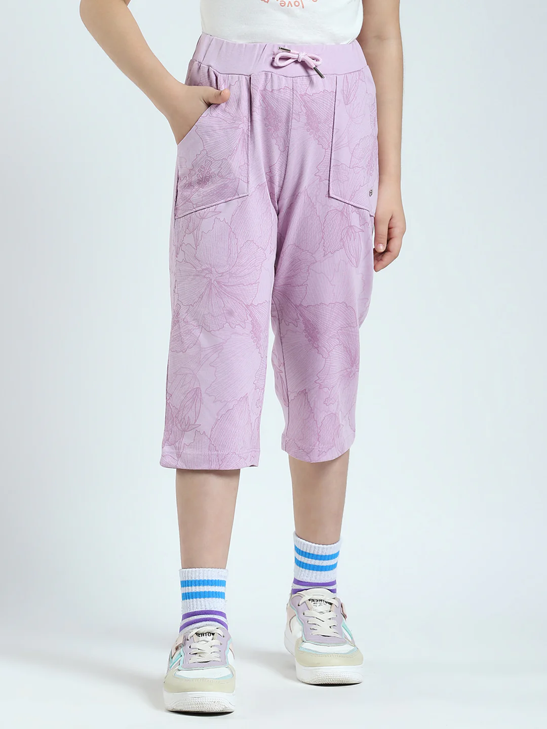Girls Purple Printed Regular Fit Capri
