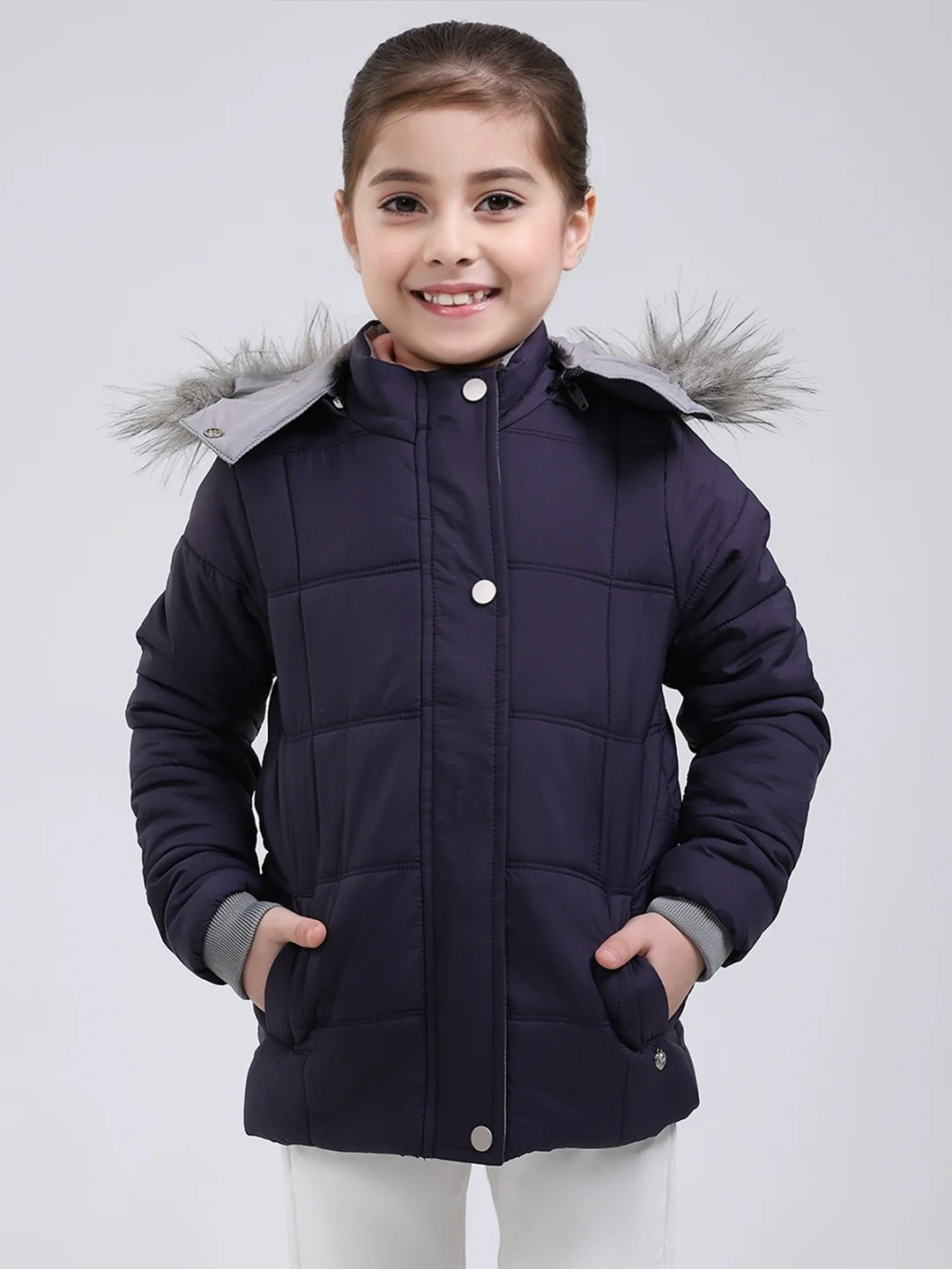 Girls Purple Solid Hooded Full Sleeve Jacket