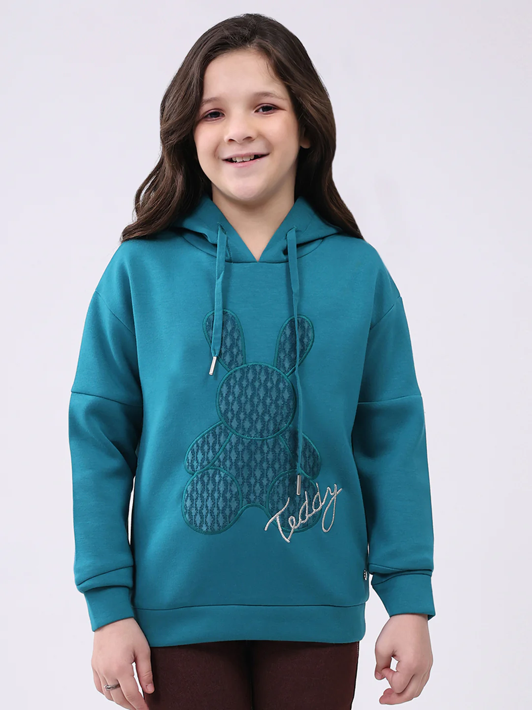 Girls Teal Blue Printed Hooded Full Sleeve Sweatshirt