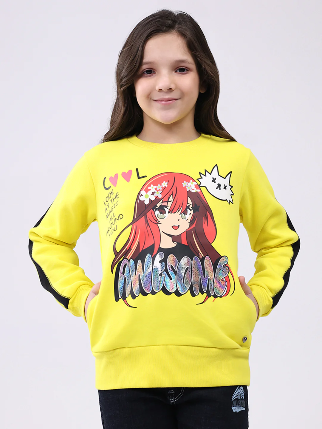 Girls Yellow Printed Round Neck Full Sleeve Sweatshirt