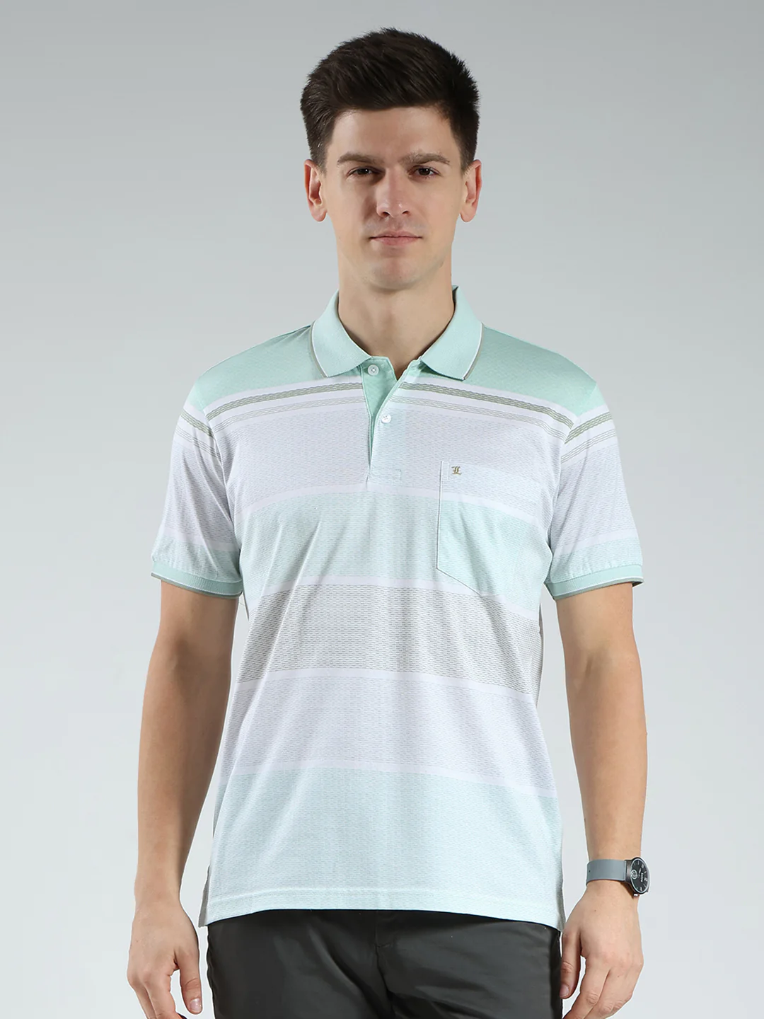 Luxuria Men Green Stripe Collar Half Sleeve T-Shirt