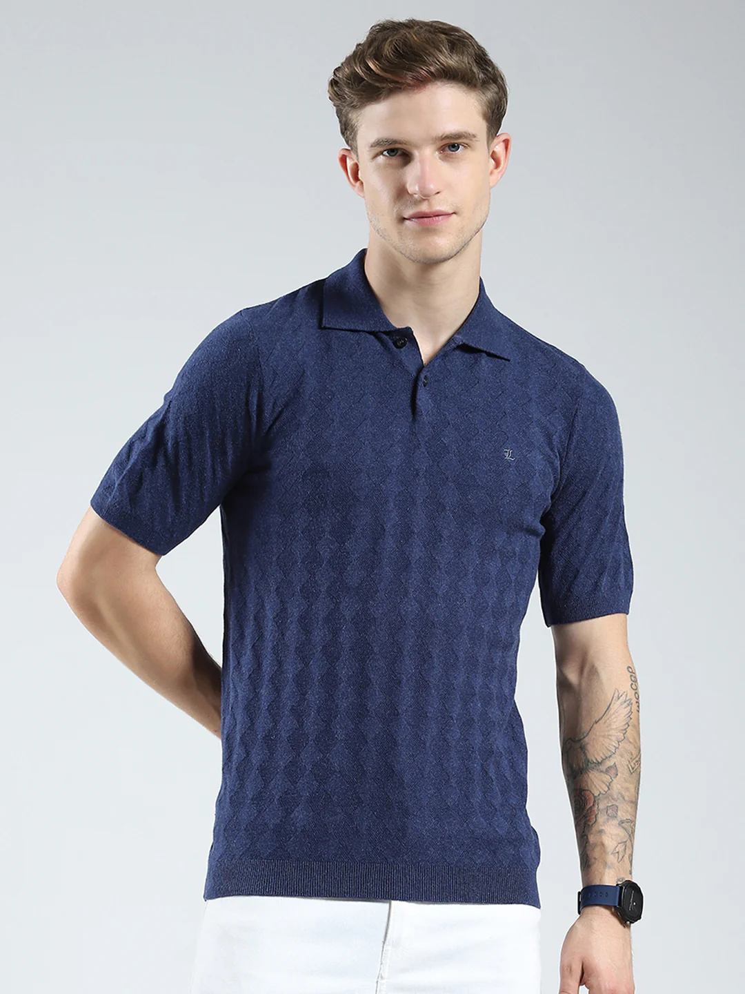 Luxuria Men Navy Blue Self Design Collar Half Sleeve T-Shirt