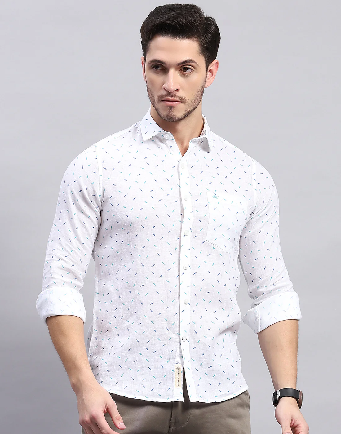 Men Aqua Blue Printed Collar Full Sleeve Linen Shirt