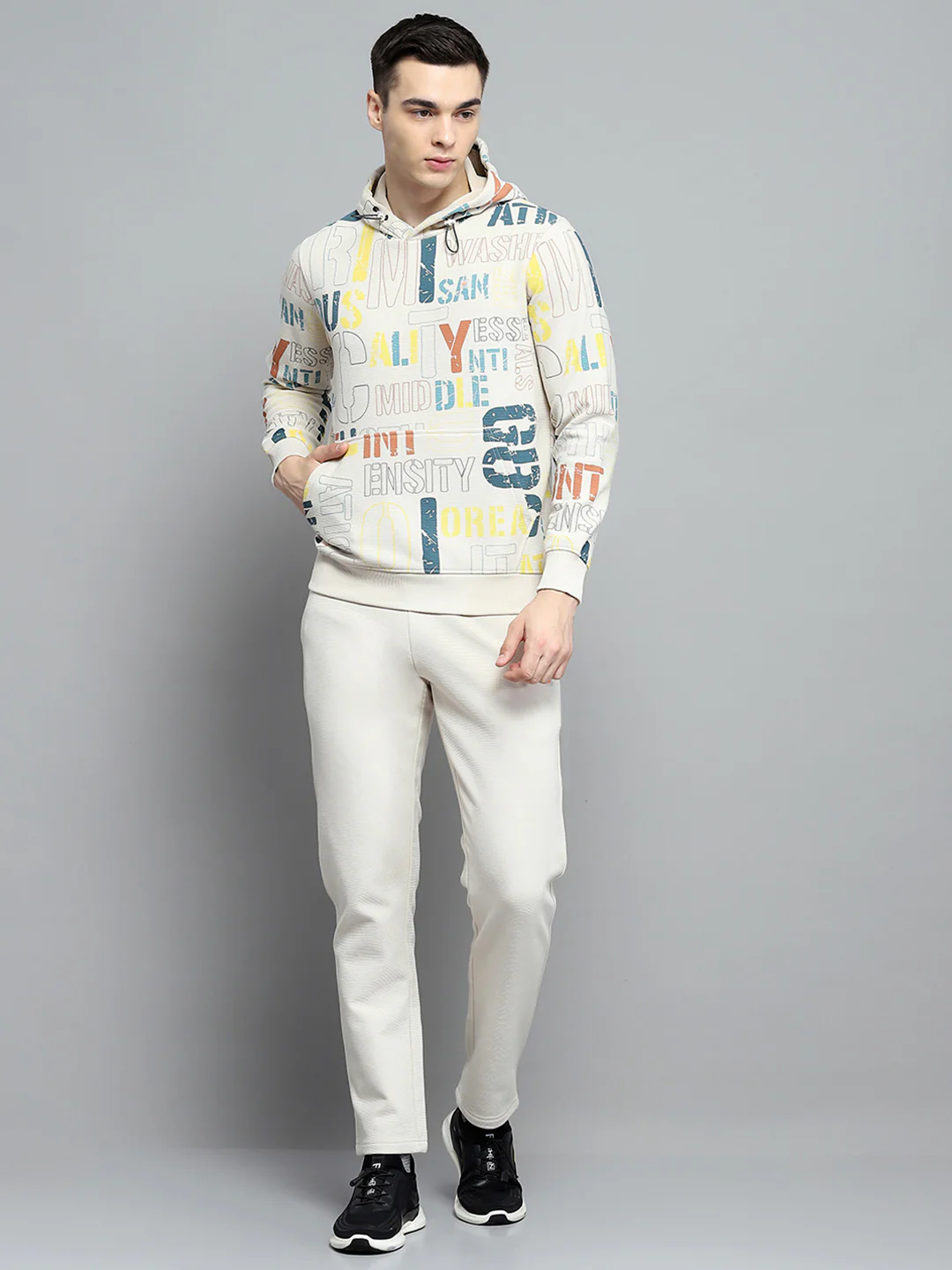 Men Beige Printed Hooded Full Sleeve Winter Tracksuit