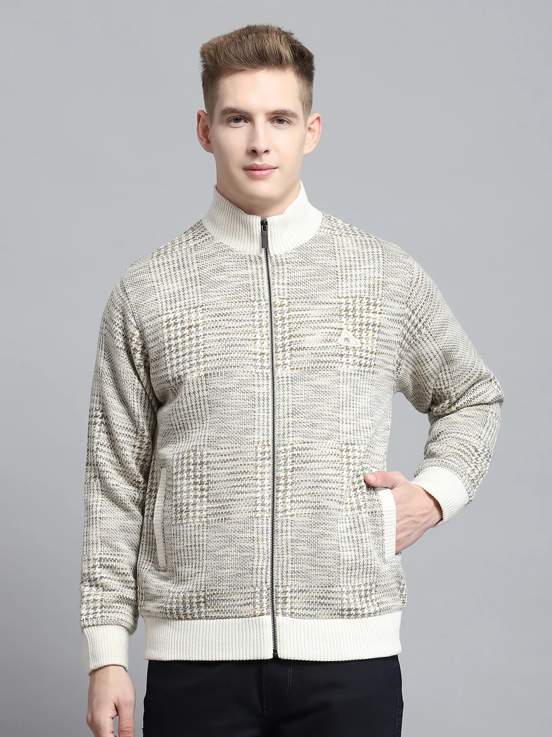 Men Beige Self Design Mock Neck Full Sleeve Jacket