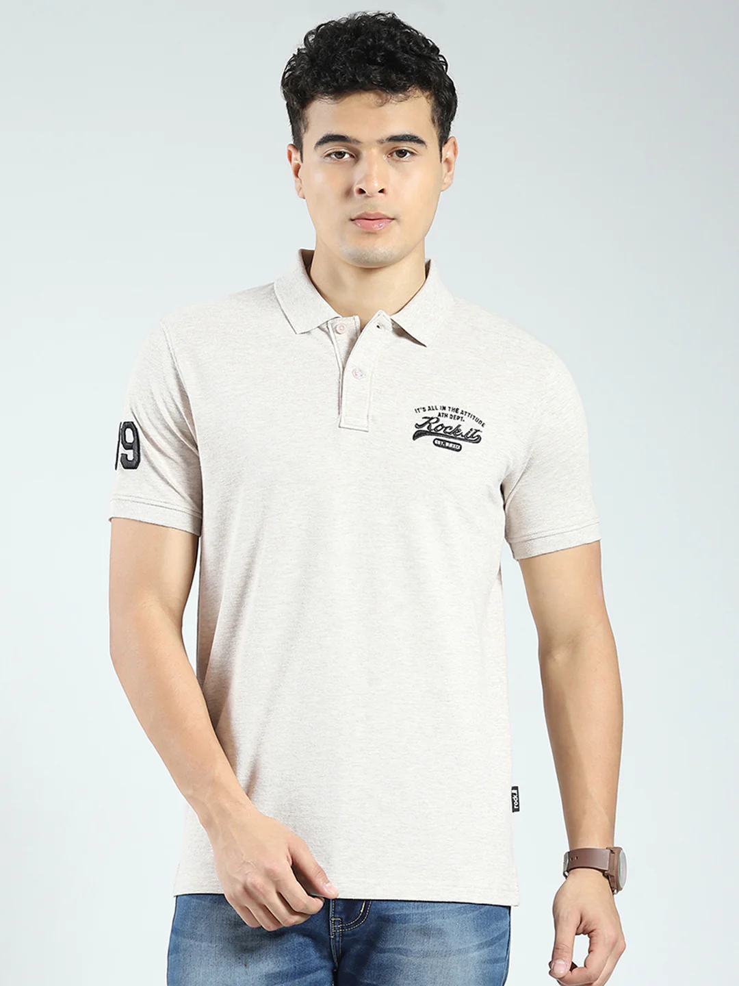 Rock.it Men Beige Solid Collar Half Sleeve T-Shirt