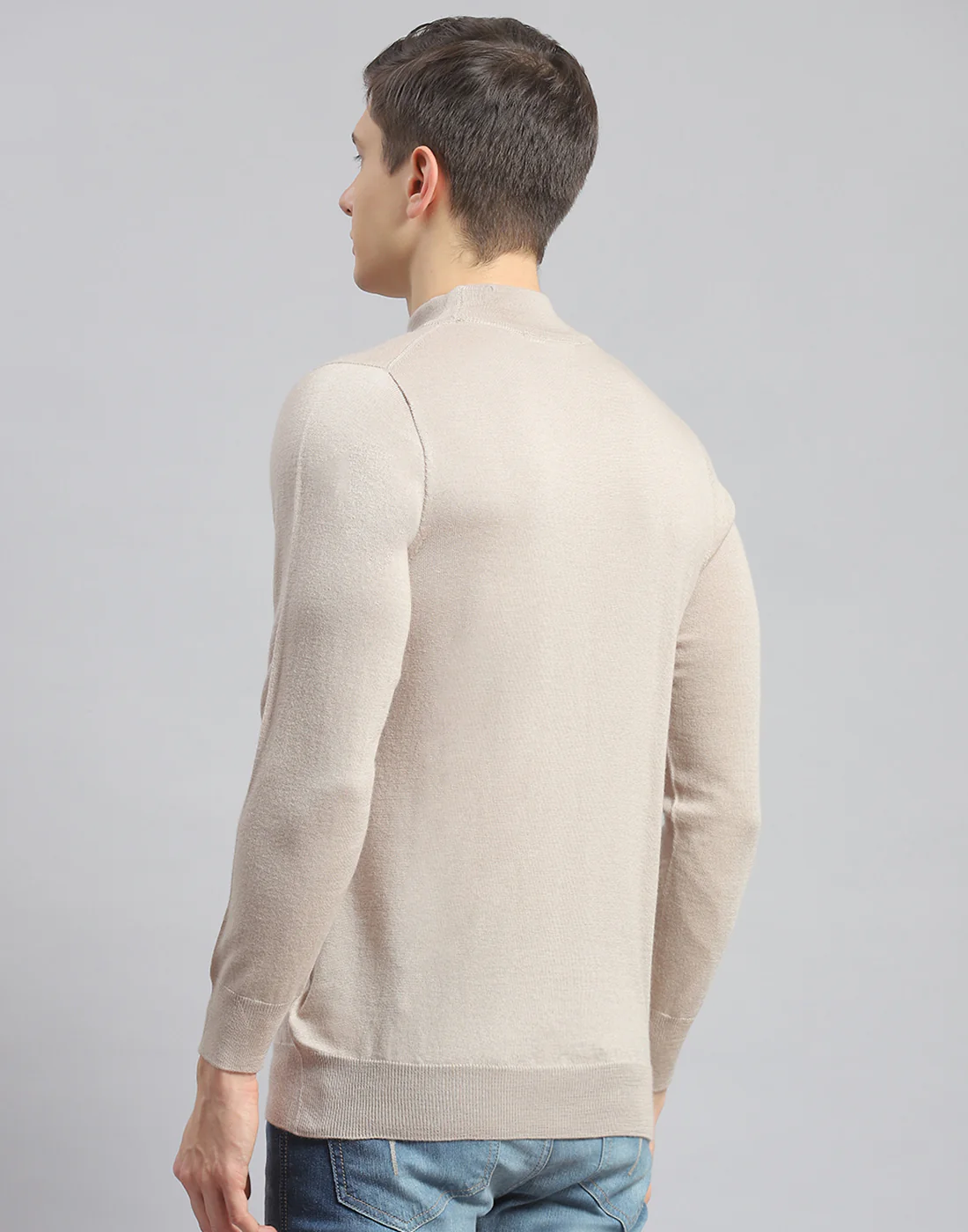 Men Beige Solid T Neck Full Sleeve Pullover - Image 5